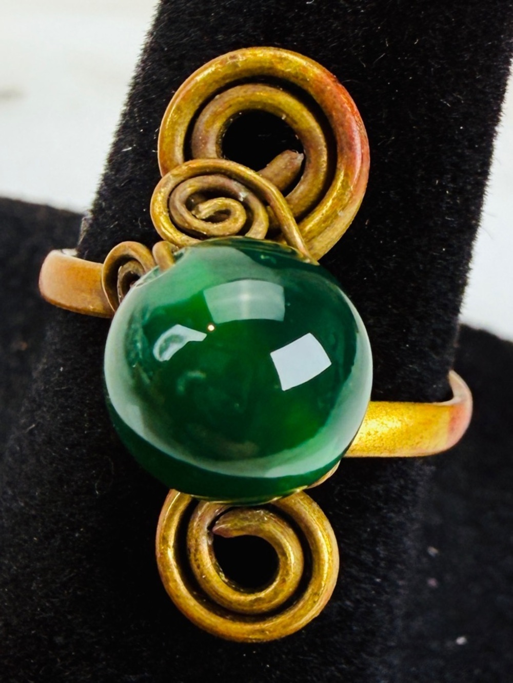 Vintage aged brass to green accent, Bohemian chic ring size 6 1/4